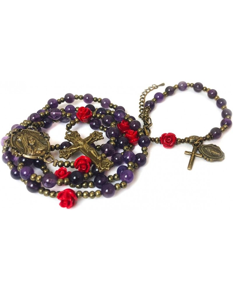 Immaculate Heart of Mary Purple Amethyst Stone and Red Rose Rosary and Bracelet Set - Catholic Rosary - Rosarios Catolicos - ...