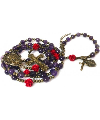 Immaculate Heart of Mary Purple Amethyst Stone and Red Rose Rosary and Bracelet Set - Catholic Rosary - Rosarios Catolicos - ...