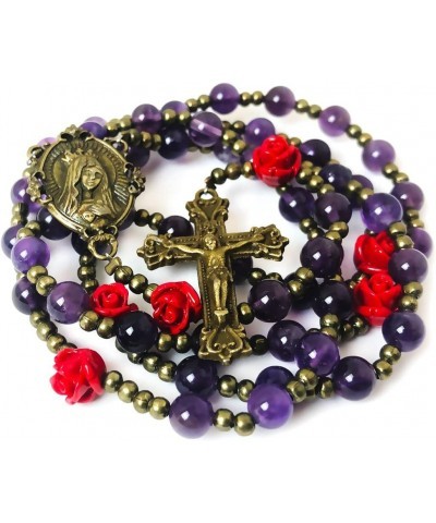 Immaculate Heart of Mary Purple Amethyst Stone and Red Rose Rosary and Bracelet Set - Catholic Rosary - Rosarios Catolicos - ...