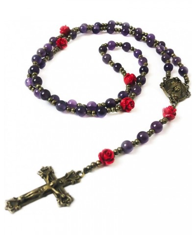 Immaculate Heart of Mary Purple Amethyst Stone and Red Rose Rosary and Bracelet Set - Catholic Rosary - Rosarios Catolicos - ...