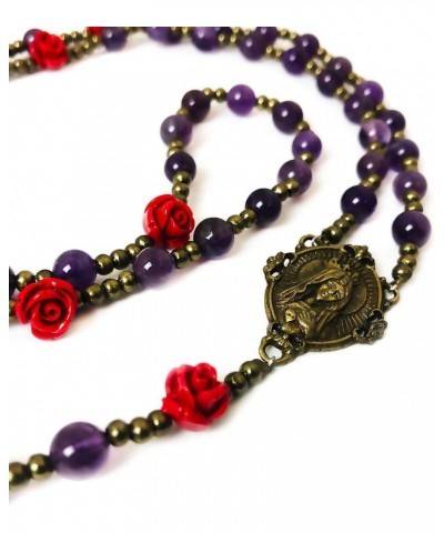 Immaculate Heart of Mary Purple Amethyst Stone and Red Rose Rosary and Bracelet Set - Catholic Rosary - Rosarios Catolicos - ...