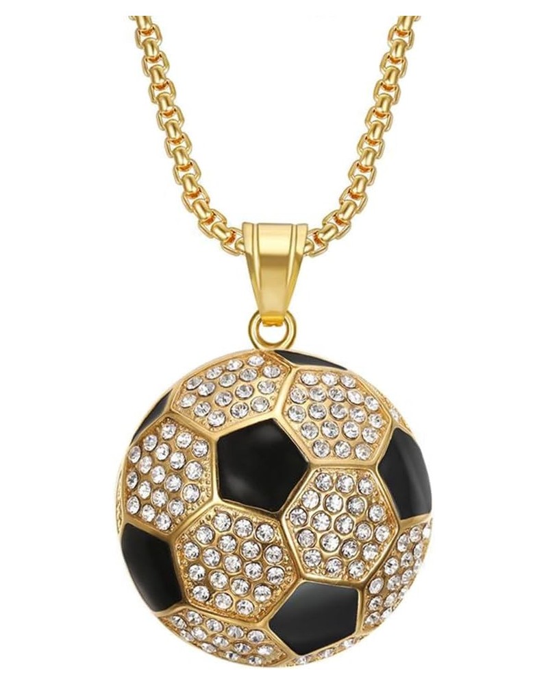 Unisex Stainless Steel Hip Hop Cool Simulation Stereoscopic Sports Soccer Pendant Necklace Ice Out Crystal Inlay Small Gold w...