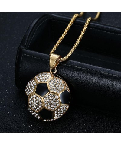 Unisex Stainless Steel Hip Hop Cool Simulation Stereoscopic Sports Soccer Pendant Necklace Ice Out Crystal Inlay Small Gold w...