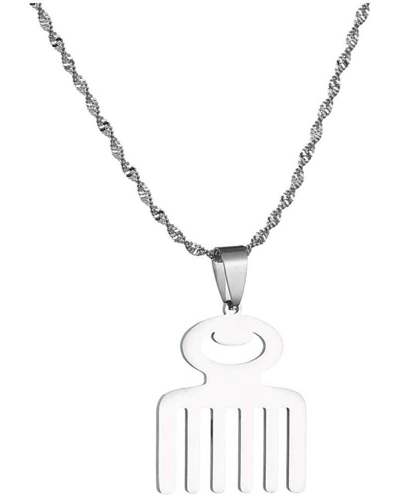 Stainless Steel African Adinkra Symbol DUAFE Wooden Comb Pendant Necklace Trendy Beauty Hygiene Charm Jewelry Silver $6.75 Ne...