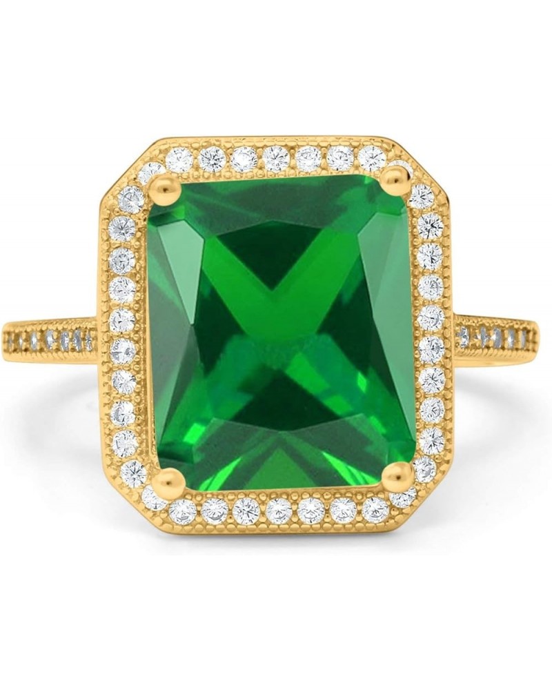 Halo Emerald Cut Art Deco Engagement Ring Round Cubic Zirconia 925 Sterling Silver Yellow Tone, Simulated Green Emerald CZ $1...