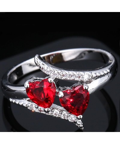 Silver Plated 7x7mm Double Heart Cut Created Ruby Spinel Cubic Zirconia Filled Halo Wedding Engagement Band Elegant Women's R...