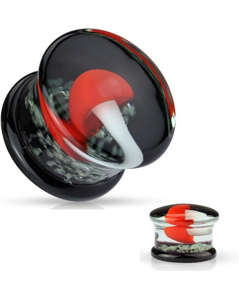 Pair Pyrex Glass Double Flared Plugs Black Back with Red and White Mushroom on Glow in Dark Sparkles 1/2" (12mm) $15.10 Body ...