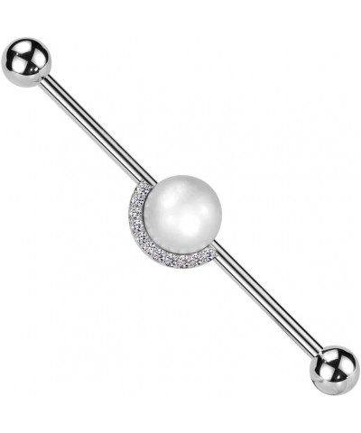 14 Gauge 316L Surgical Steel Industrial Barbell With Pearl and Half CZ Rim Edge Steel/Clear $10.44 Body Jewelry