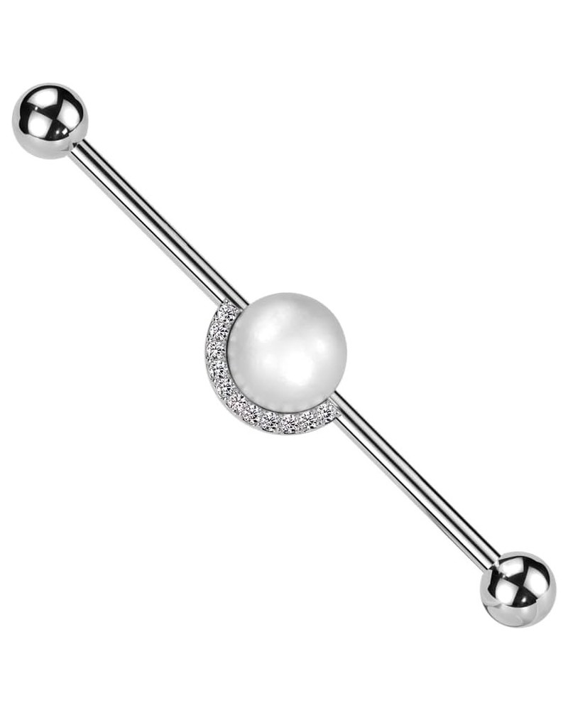 14 Gauge 316L Surgical Steel Industrial Barbell With Pearl and Half CZ Rim Edge Steel/Clear $10.44 Body Jewelry