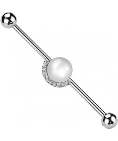 14 Gauge 316L Surgical Steel Industrial Barbell With Pearl and Half CZ Rim Edge Steel/Clear $10.44 Body Jewelry