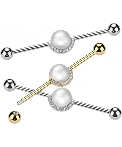 14 Gauge 316L Surgical Steel Industrial Barbell With Pearl and Half CZ Rim Edge Steel/Clear $10.44 Body Jewelry