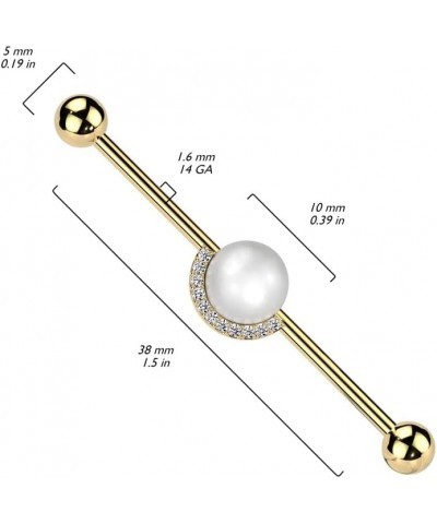 14 Gauge 316L Surgical Steel Industrial Barbell With Pearl and Half CZ Rim Edge Steel/Clear $10.44 Body Jewelry