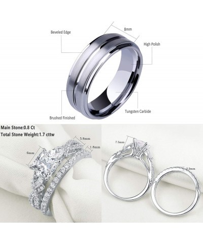 Newshe Wedding Rings Set for Him and Her Women Mens Tungsten Bands Sterling Silver Couples Size 5-12 Men's Size 8 & Women's S...
