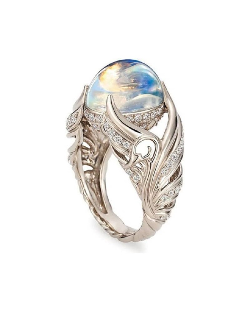 Rainbow Moon Stone Rings Victorian Style Gemstone Solitaire Round Moonstone Cocktail Ring for Women, Angel Wings Wedding Enga...