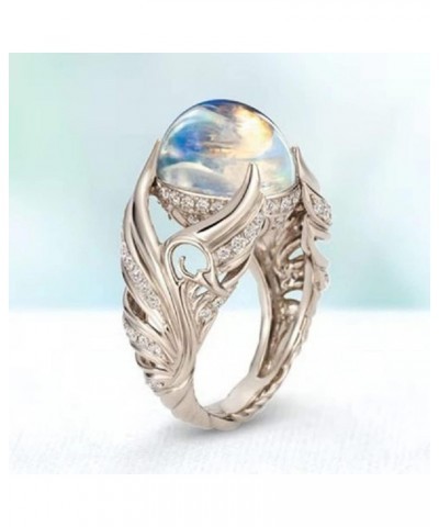 Rainbow Moon Stone Rings Victorian Style Gemstone Solitaire Round Moonstone Cocktail Ring for Women, Angel Wings Wedding Enga...