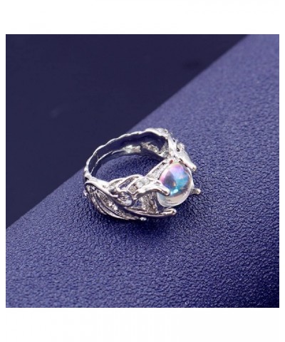 Rainbow Moon Stone Rings Victorian Style Gemstone Solitaire Round Moonstone Cocktail Ring for Women, Angel Wings Wedding Enga...