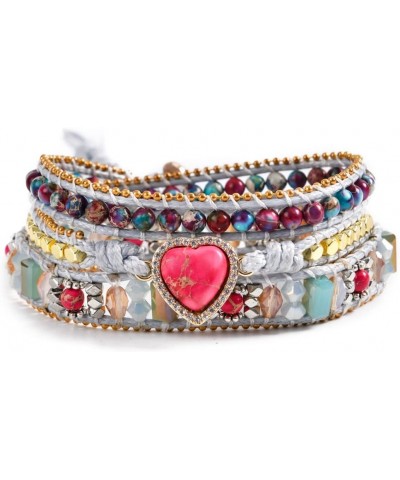 Boho Natural Stone Imperial Jasper Heart Shape Leather Stackable Layered Love Bracelet Yoga Weave Bracelets Collection Heart-...