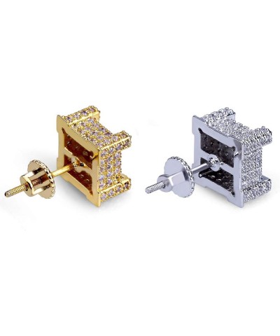 Gold Silver Color Micro Pave Bling Cubic Zirconia Square Stud Earrings with 925 Sterling Silver Screw Back Iced Out Hip Hop J...