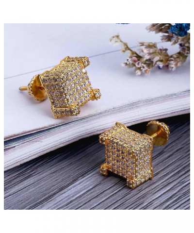 Gold Silver Color Micro Pave Bling Cubic Zirconia Square Stud Earrings with 925 Sterling Silver Screw Back Iced Out Hip Hop J...