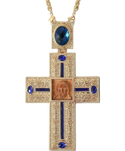 Store Pectoral Cross Wooden Jesus Face Crucifix Pendant Icon Blue Crystallized Stones Elements Christian Priest Bishop Neckla...