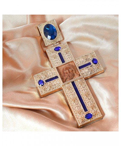 Store Pectoral Cross Wooden Jesus Face Crucifix Pendant Icon Blue Crystallized Stones Elements Christian Priest Bishop Neckla...