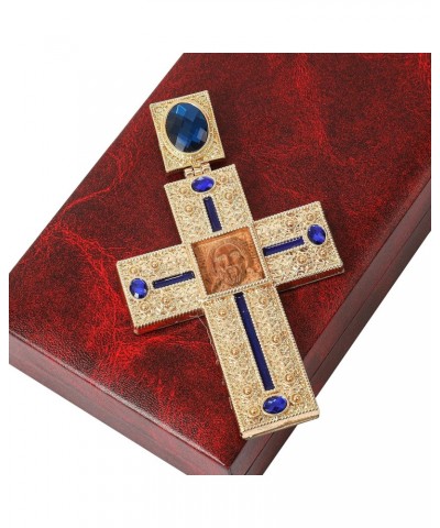 Store Pectoral Cross Wooden Jesus Face Crucifix Pendant Icon Blue Crystallized Stones Elements Christian Priest Bishop Neckla...