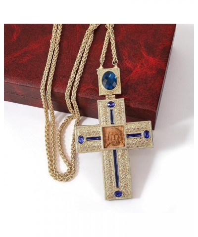 Store Pectoral Cross Wooden Jesus Face Crucifix Pendant Icon Blue Crystallized Stones Elements Christian Priest Bishop Neckla...