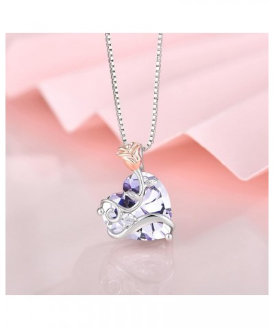 Rose Flower Birthstone Heart Necklaces for Women, 925 Sterling Silver 5A Cubic Zirconia Pendant Jewelry Gifts, Anniversary Bi...