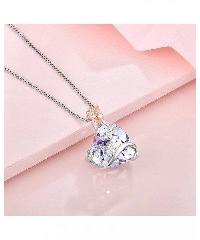 Rose Flower Birthstone Heart Necklaces for Women, 925 Sterling Silver 5A Cubic Zirconia Pendant Jewelry Gifts, Anniversary Bi...