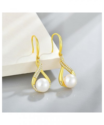 18K Gold Plate Infinity Pearl Earrings, 925 Sterling Silver CZ Pearl Dangle Drop Hangling Earrings with Fish Hook, 9MM Freshw...