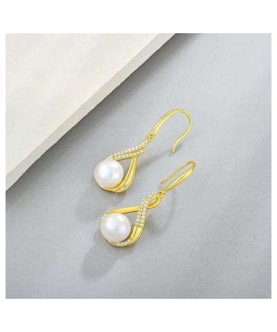 18K Gold Plate Infinity Pearl Earrings, 925 Sterling Silver CZ Pearl Dangle Drop Hangling Earrings with Fish Hook, 9MM Freshw...