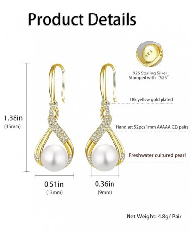 18K Gold Plate Infinity Pearl Earrings, 925 Sterling Silver CZ Pearl Dangle Drop Hangling Earrings with Fish Hook, 9MM Freshw...