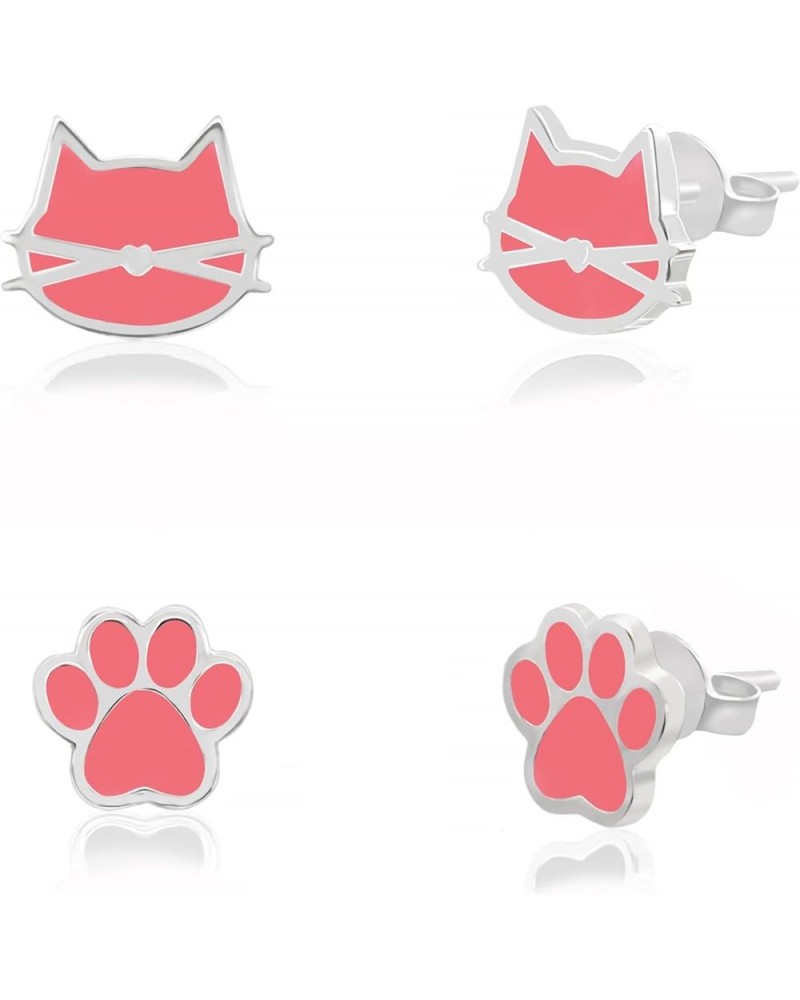 Cute Cat Face Paw 2pair Stud Earring Set for Women Teens Girls Cat Lovers Jewelry SILVER - PINK COLOR $11.50 Earrings