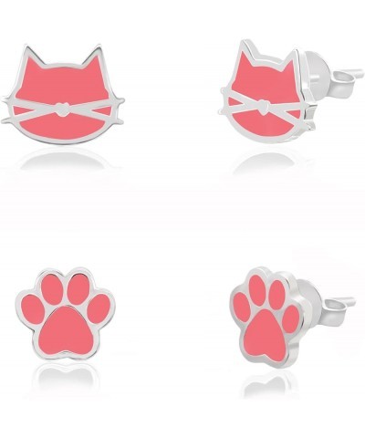 Cute Cat Face Paw 2pair Stud Earring Set for Women Teens Girls Cat Lovers Jewelry SILVER - PINK COLOR $11.50 Earrings