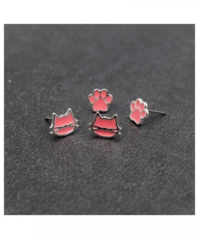 Cute Cat Face Paw 2pair Stud Earring Set for Women Teens Girls Cat Lovers Jewelry SILVER - PINK COLOR $11.50 Earrings