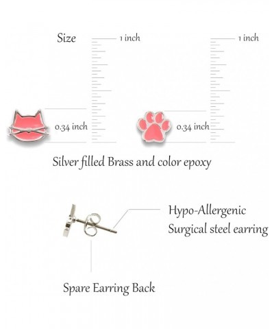 Cute Cat Face Paw 2pair Stud Earring Set for Women Teens Girls Cat Lovers Jewelry SILVER - PINK COLOR $11.50 Earrings