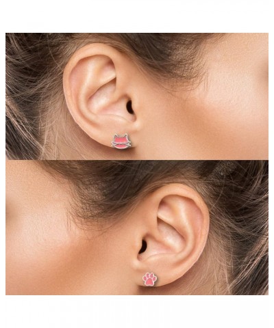 Cute Cat Face Paw 2pair Stud Earring Set for Women Teens Girls Cat Lovers Jewelry SILVER - PINK COLOR $11.50 Earrings