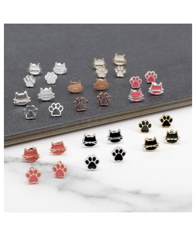 Cute Cat Face Paw 2pair Stud Earring Set for Women Teens Girls Cat Lovers Jewelry SILVER - PINK COLOR $11.50 Earrings