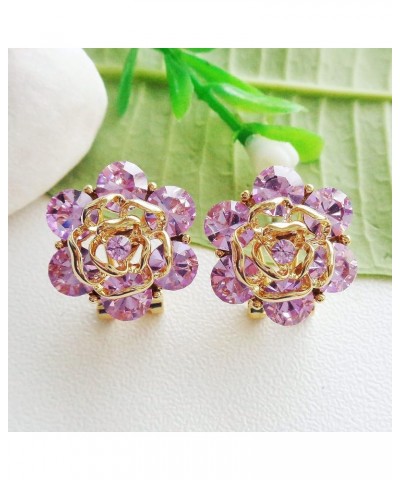 18k Gold Plated Colorful Crystal Leaves Flower Omega Back Earrings Purple $9.17 Earrings