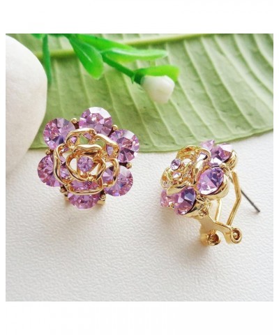 18k Gold Plated Colorful Crystal Leaves Flower Omega Back Earrings Purple $9.17 Earrings