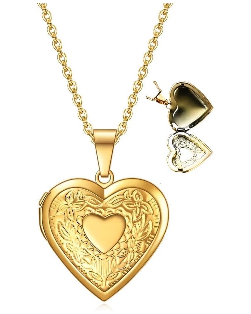 Stainless Steel Heart Shaped Floral Pattern Locket Style Cocktail Party Statement Pendant Necklace Gold $6.50 Necklaces