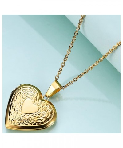 Stainless Steel Heart Shaped Floral Pattern Locket Style Cocktail Party Statement Pendant Necklace Gold $6.50 Necklaces