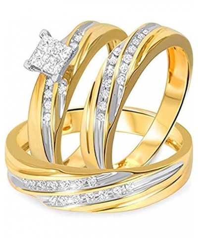 Princess Cut Cubic Zirconia 14K Two-Tone Gold Plated 925 Sterling Silver Bridal Wedding Trio Ring Set for Him & Her Women Siz...