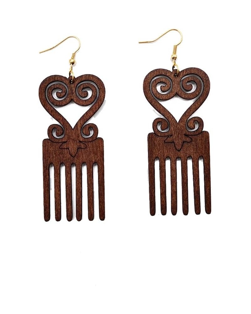 Vintage Natural Long Wood Comb Dangle Earrings Lightweight Ethnic African Carved Flower Heart Drop Earrings for Women Girls S...