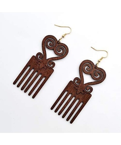 Vintage Natural Long Wood Comb Dangle Earrings Lightweight Ethnic African Carved Flower Heart Drop Earrings for Women Girls S...
