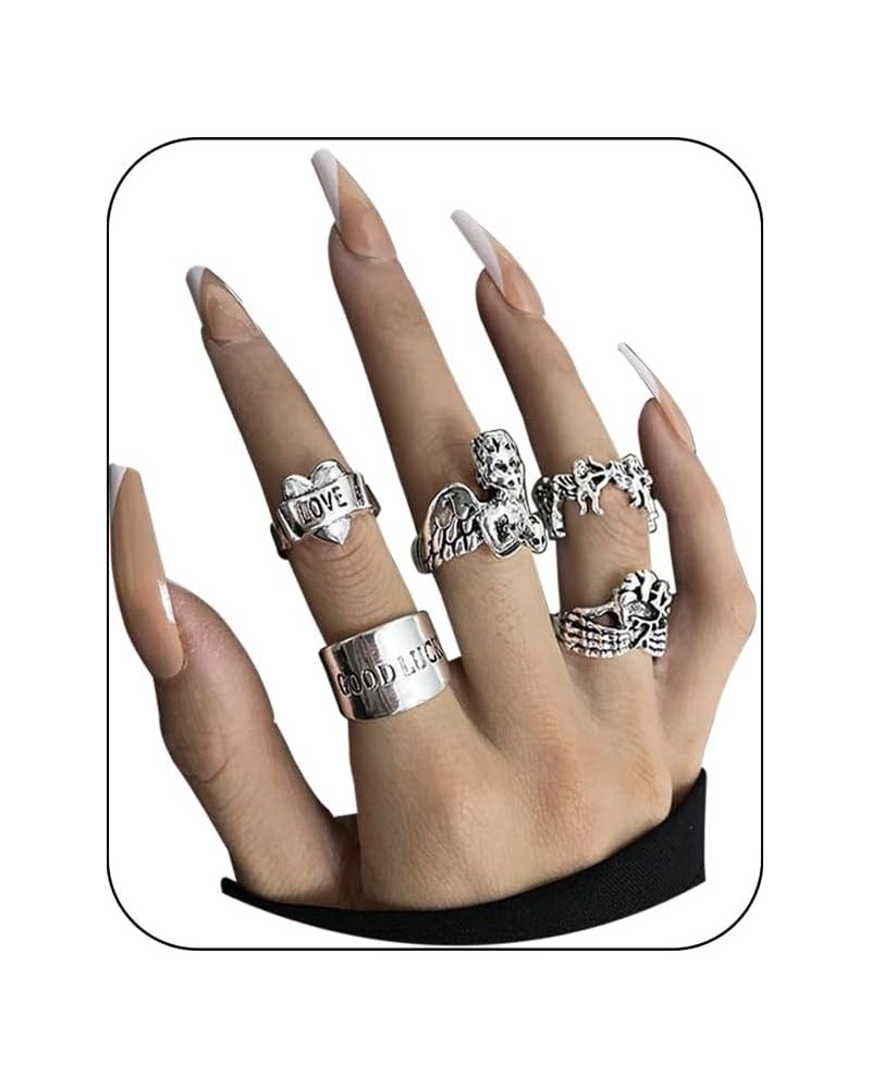 Punk Goth Knuckle Rings Set for Women Men Vintage Silver Finger Joint Rings Chunky Cool Emo Ring Halloween Skull Frog Butterf...