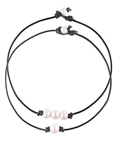 2PCS Y2k Jewelry Necklace Single Pearl and Three Pearl Choker Necklace with Black or Brown Leather 14"Black $7.94 Necklaces