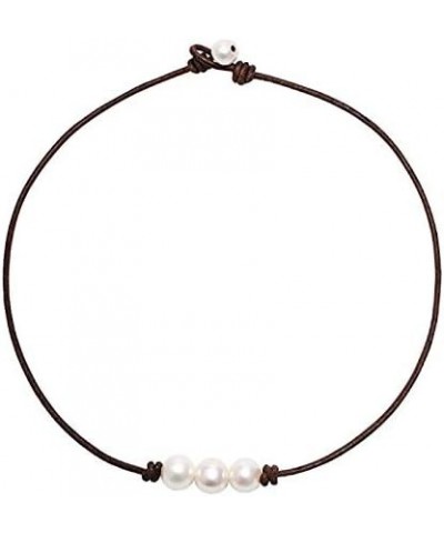 2PCS Y2k Jewelry Necklace Single Pearl and Three Pearl Choker Necklace with Black or Brown Leather 14"Black $7.94 Necklaces