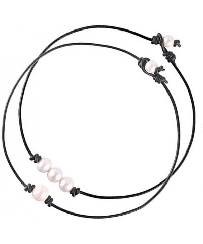 2PCS Y2k Jewelry Necklace Single Pearl and Three Pearl Choker Necklace with Black or Brown Leather 14"Black $7.94 Necklaces