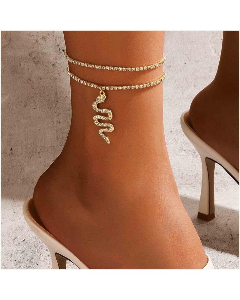 Boho Layered Crystal Chain Ankle Bracelet Gold Snake Dangle Anklet Bracelet Layering Tennis Chain Anklet Punk Summer Foot Cha...